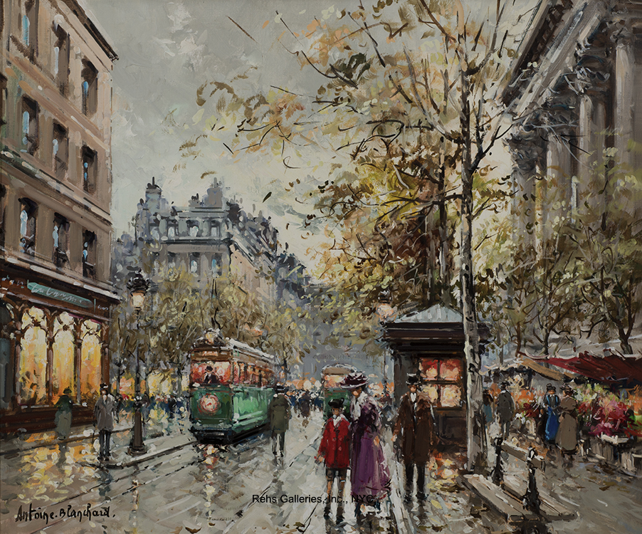 painting of the flower market next to the madeleine in paris