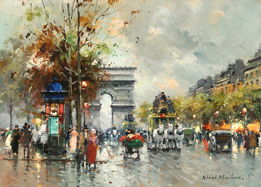 A street scene on the Champs-Élysées (Arc de Triomphe - Antoine Blanchard)