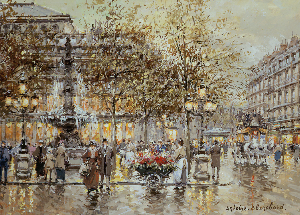 fountain in paris with people walking in the street and flower cart