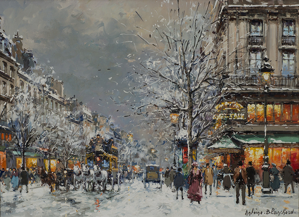street scene of cafe de la paix in paris in the snow