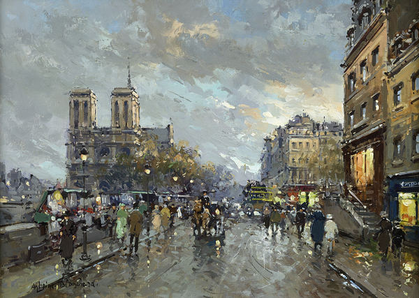 street scene in paris with notre dame and place saint michel with people and horses on the street
