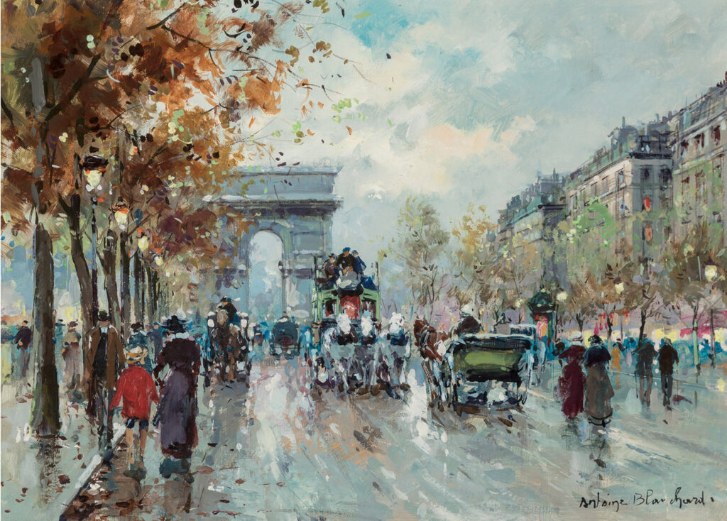 painting by antoine blanchard of the champs-elysees and the arc de triomphe