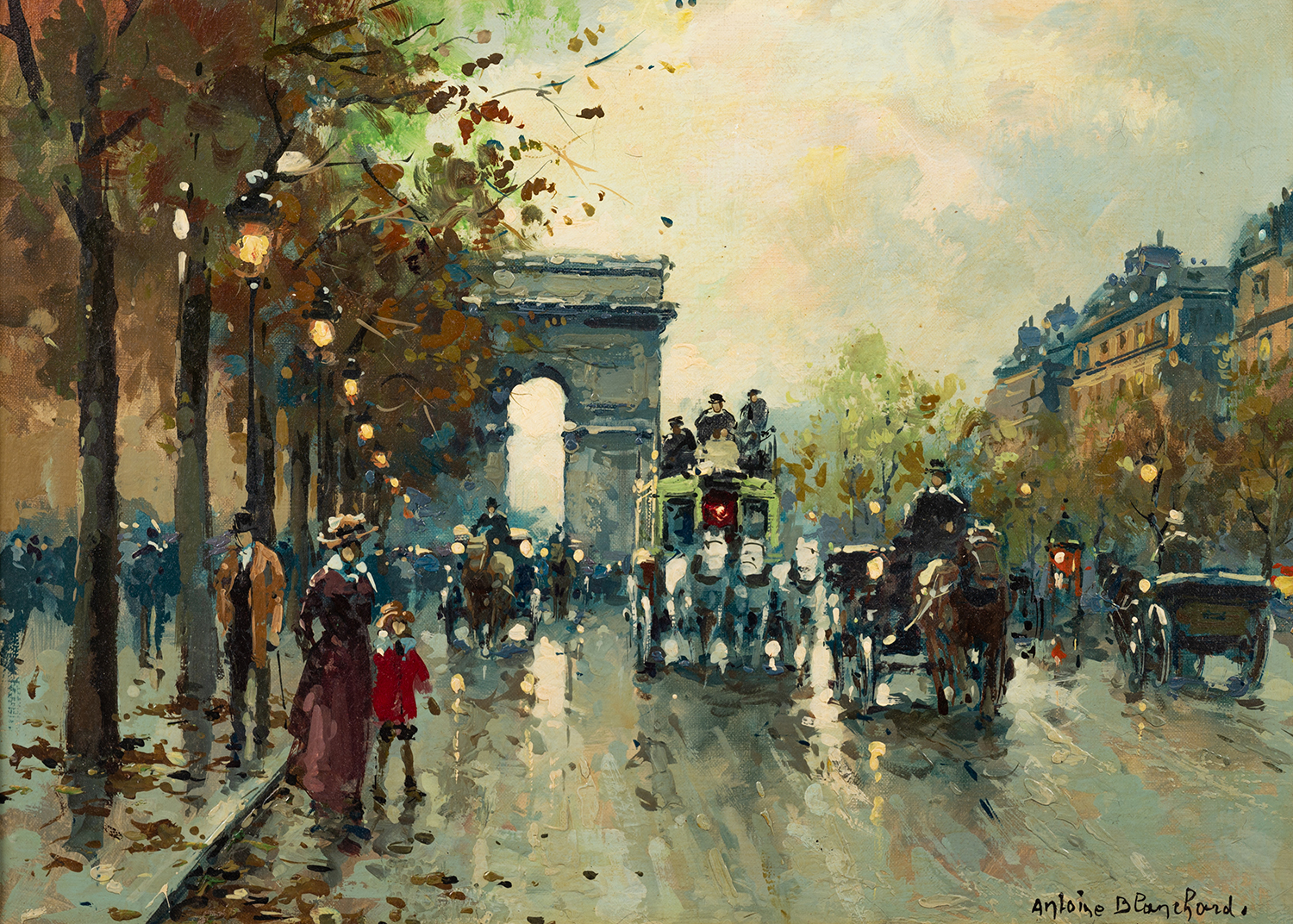 painting by antoine blanchard of the champs elysees and the arc de triomphe