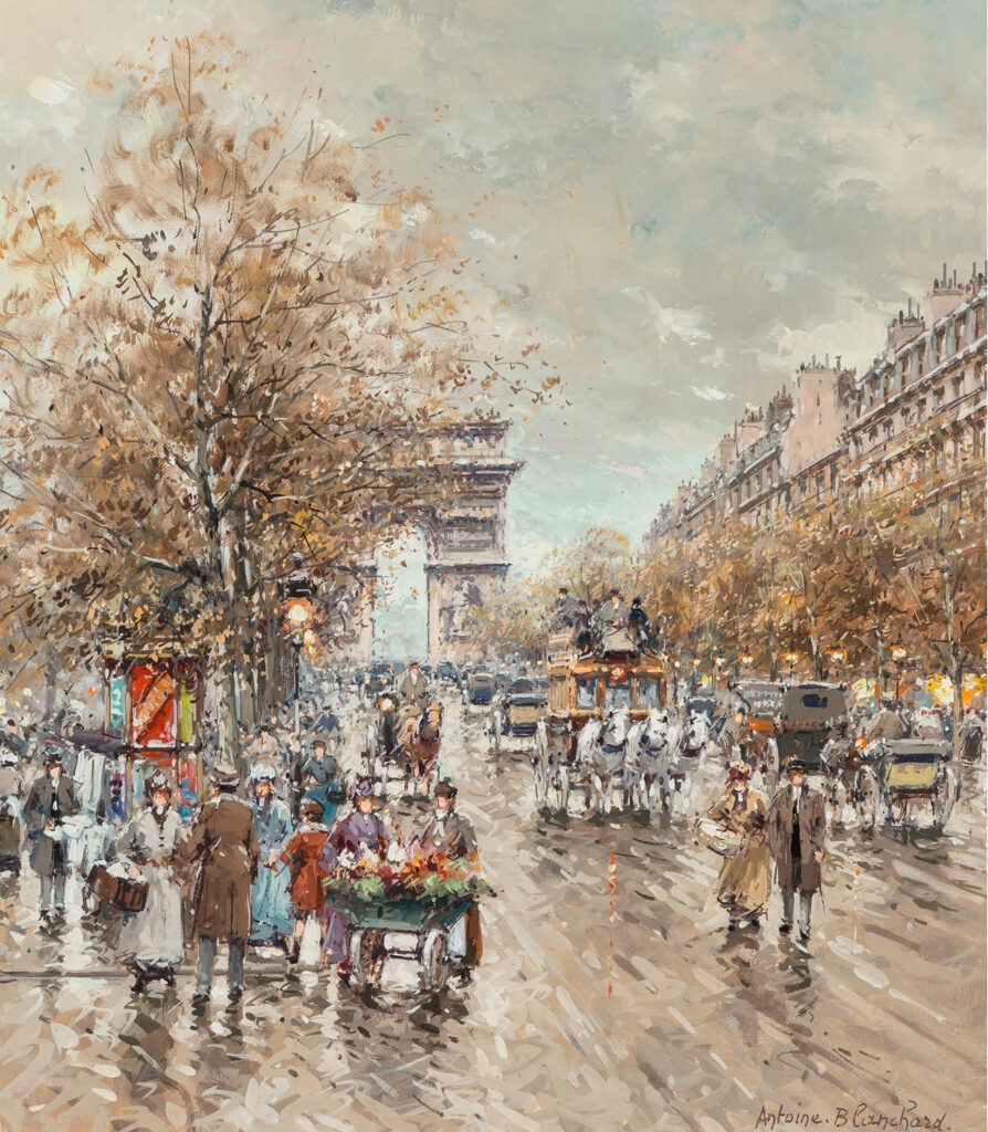 painting by antoine blanchard of the champs elysees and the arc de triomphe