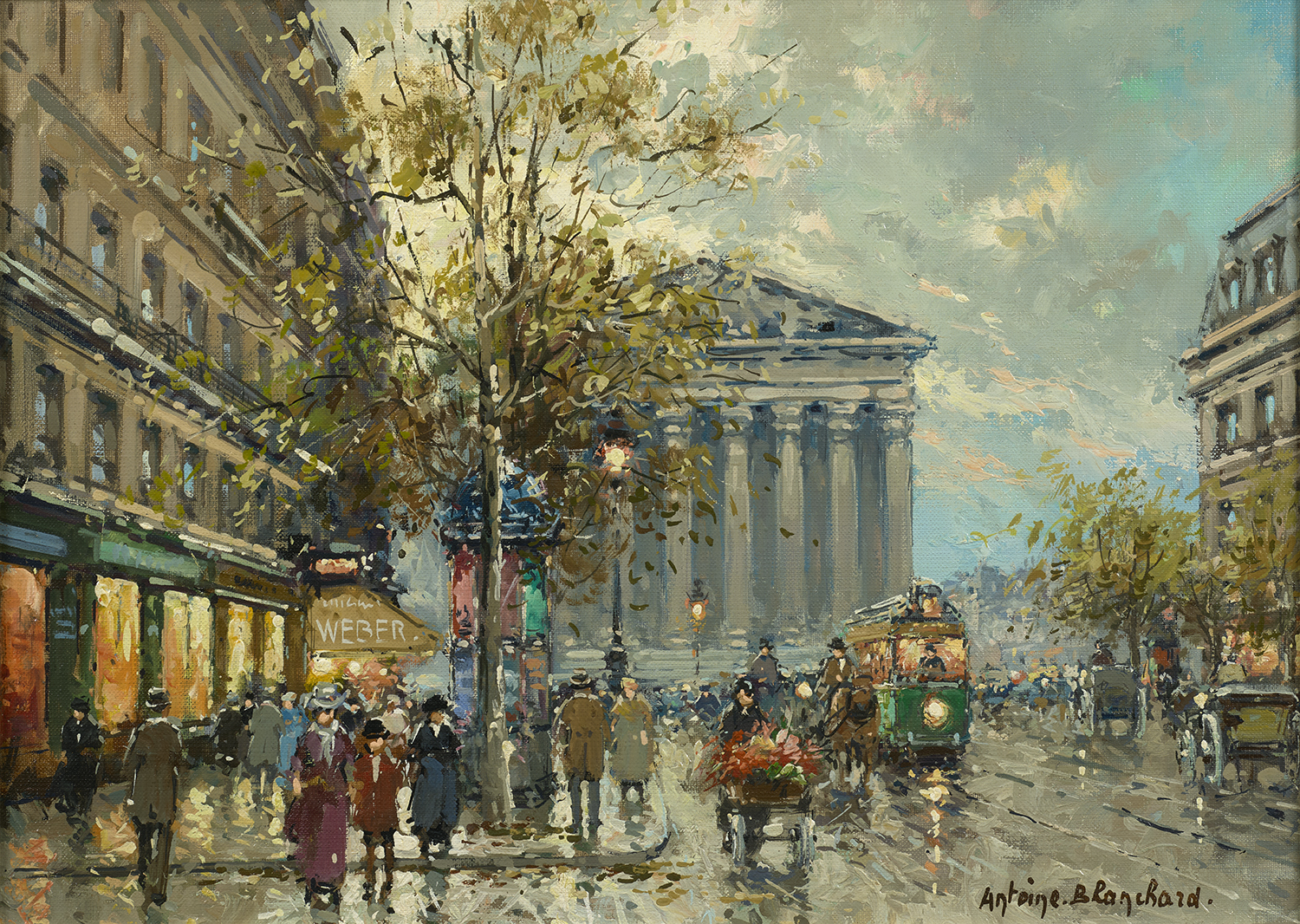 painting by antoine blanchard of the madeleine from rue royale in paris