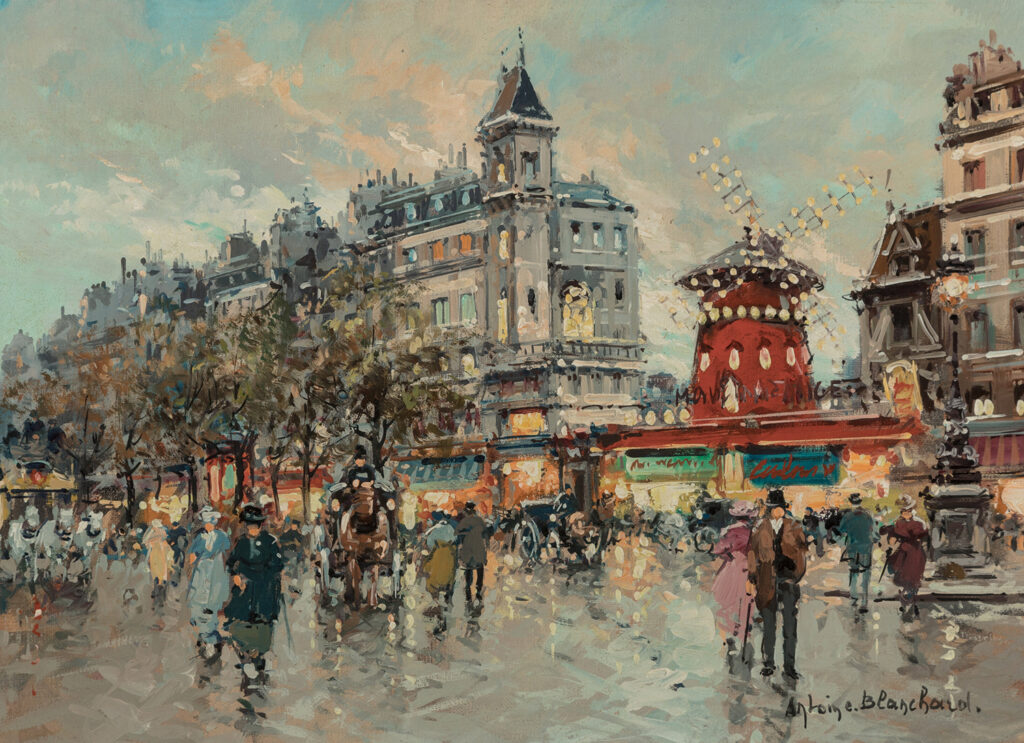 painting by antoine blanchard of the moulin rouge in paris