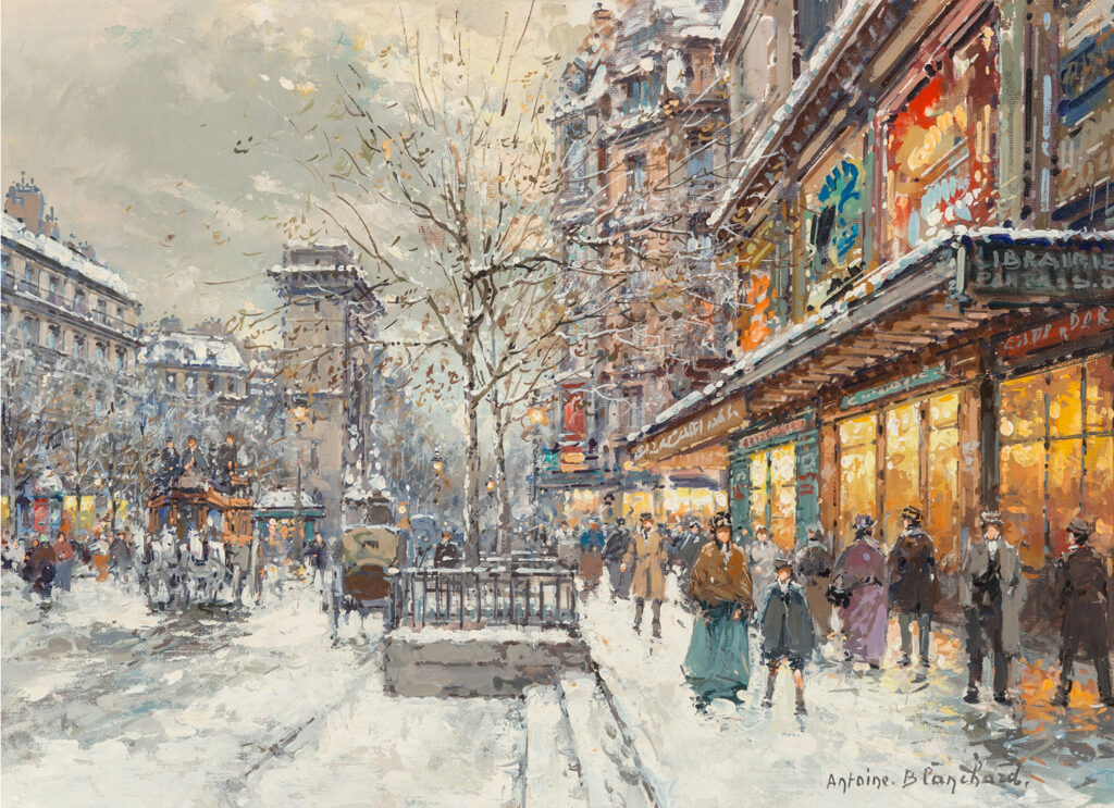 painting by antoine blanchard of Porte Saint Denis in the snow