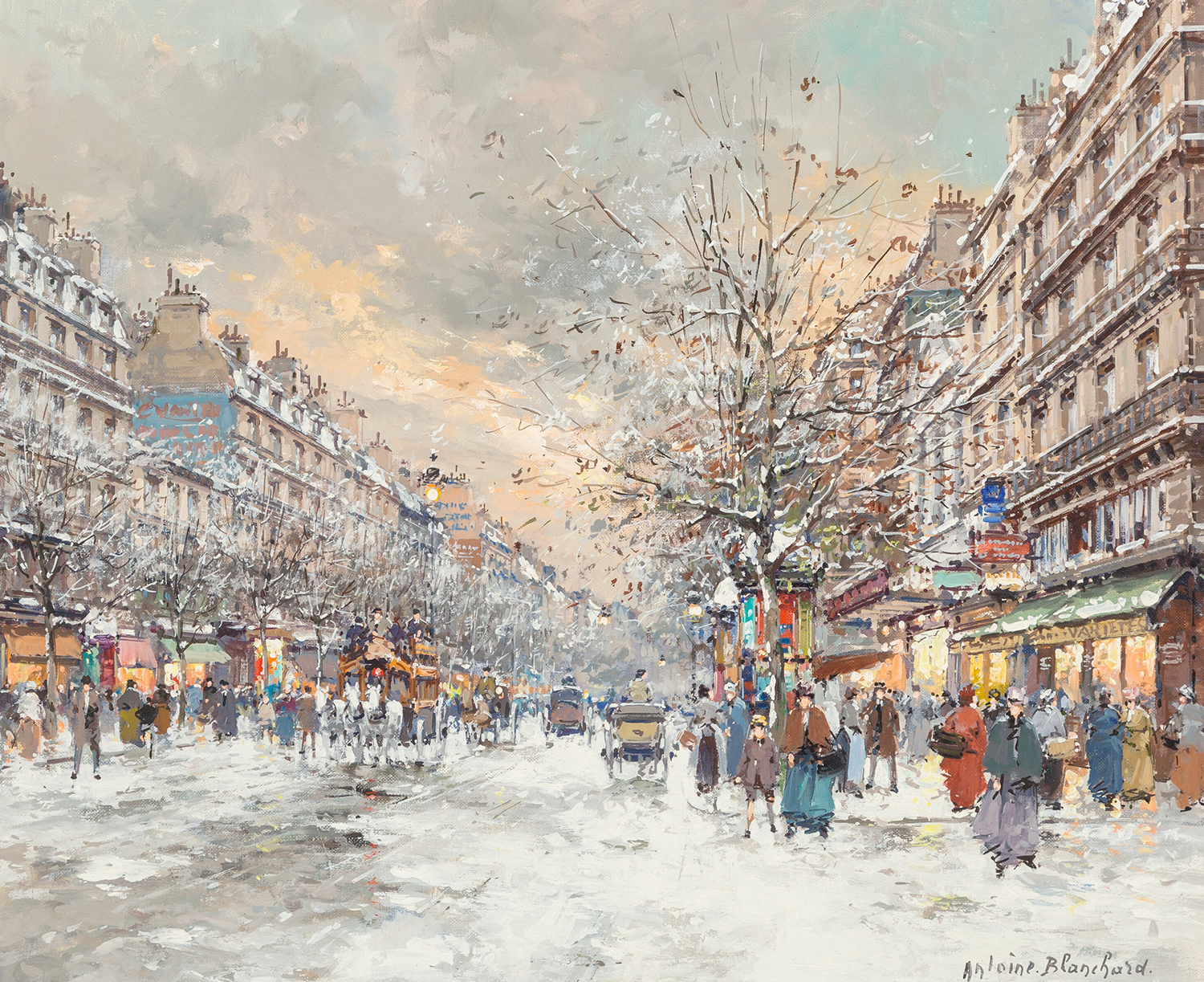 painting by antoine blanchard of the grands boulevard and the theatre de verieties in the snow