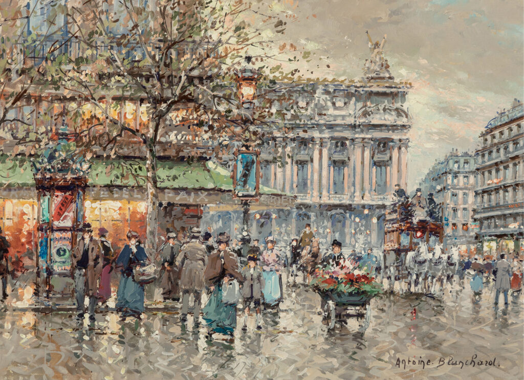 painting by Antoine Blanchard of Cafe de la Paix and the Opera house in Paris