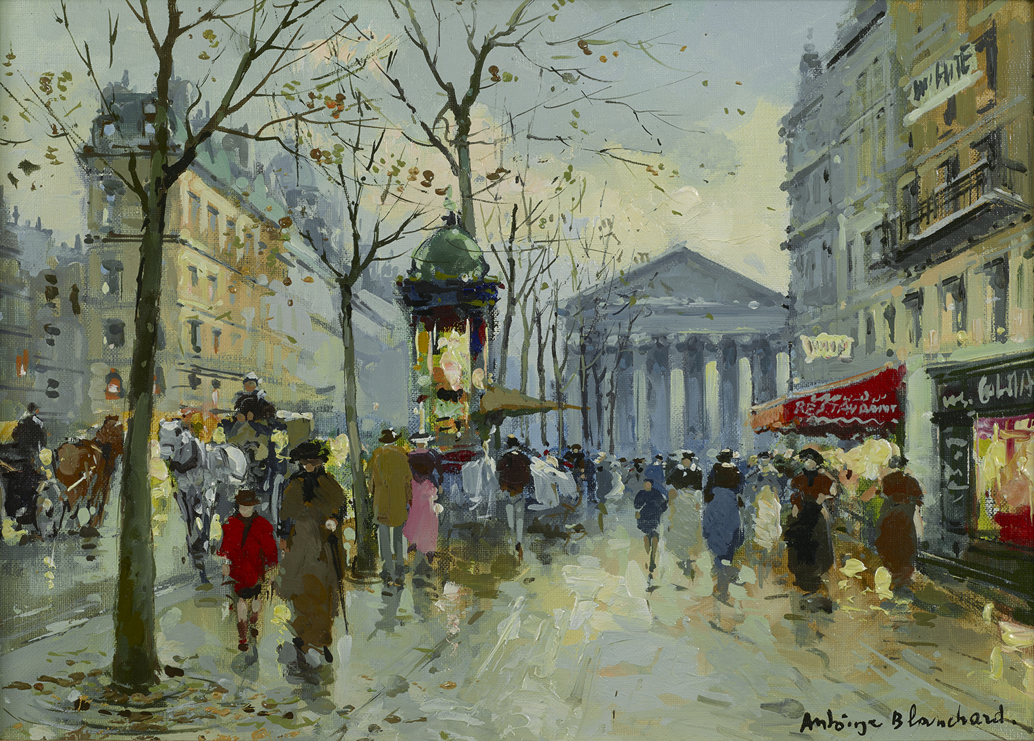 painting by Antoine Blanchard of the Madeleine in Paris from Rue Tronchet