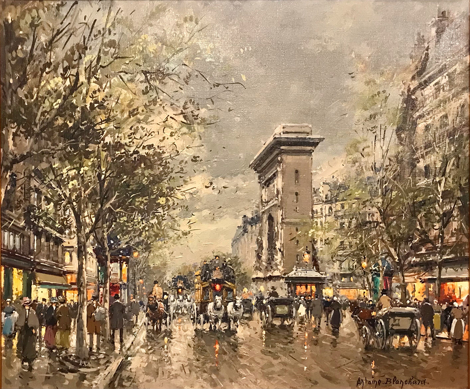 Painting by Antoine Blanchard of Porte St. Denis in Paris with people, horses and buggies