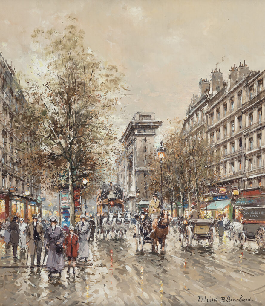 painting of porte st. denis in paris, street scene with people, horses and carts