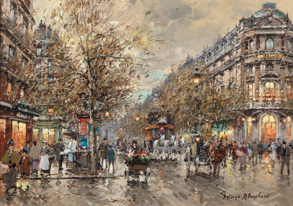 painting of the vaudeville theatre in paris, street scene with horses, people and flower cart