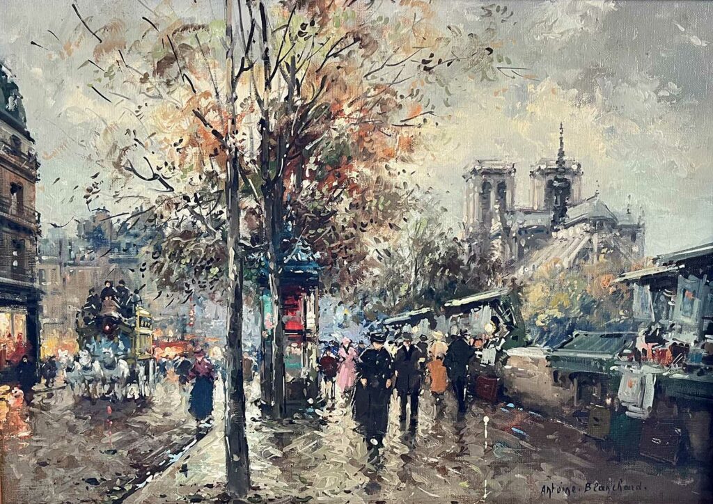 painting of notre dame, paris with booksellers and people walking on sidewalk