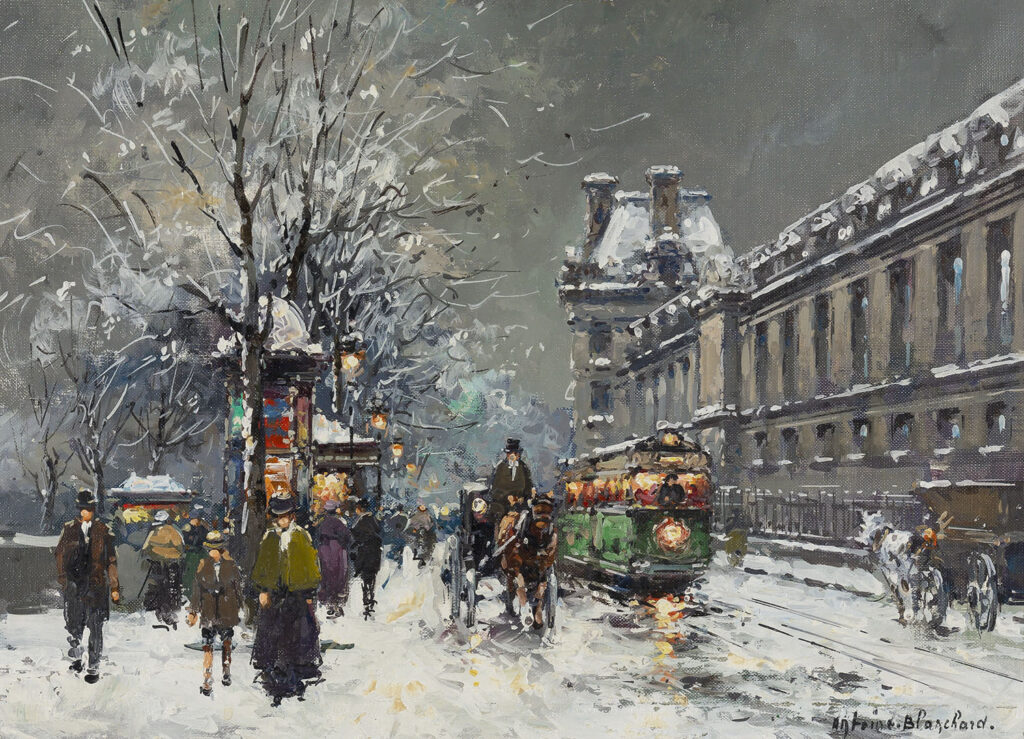 painting of the louvre in paris in the snow with omnibus and horse and carriage