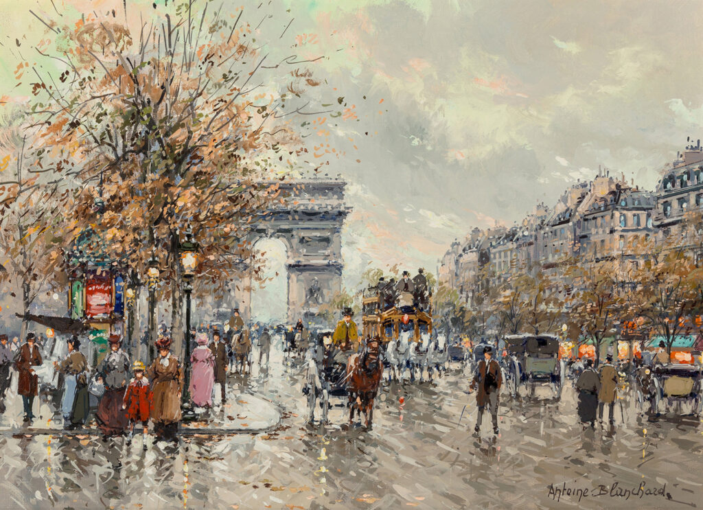 painting of the arc de triomphe in paris and people, horses and carriages on the champs-elysee