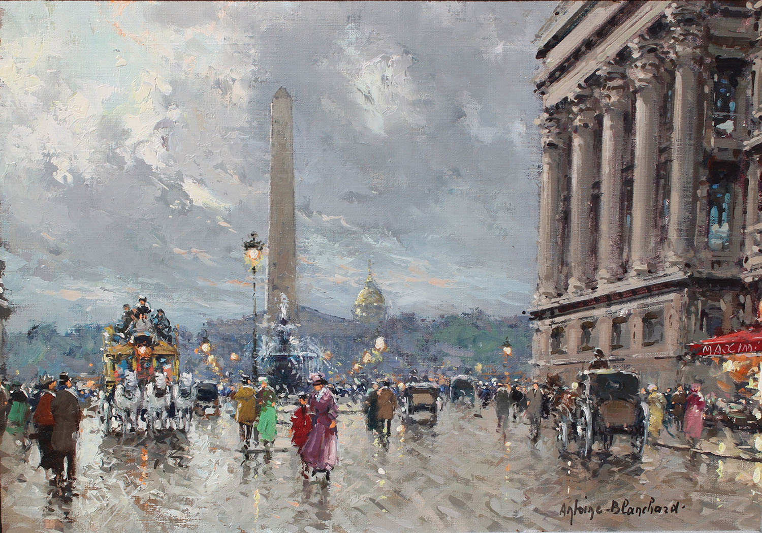 Painting of place de la concorde with peope walking and building on right side