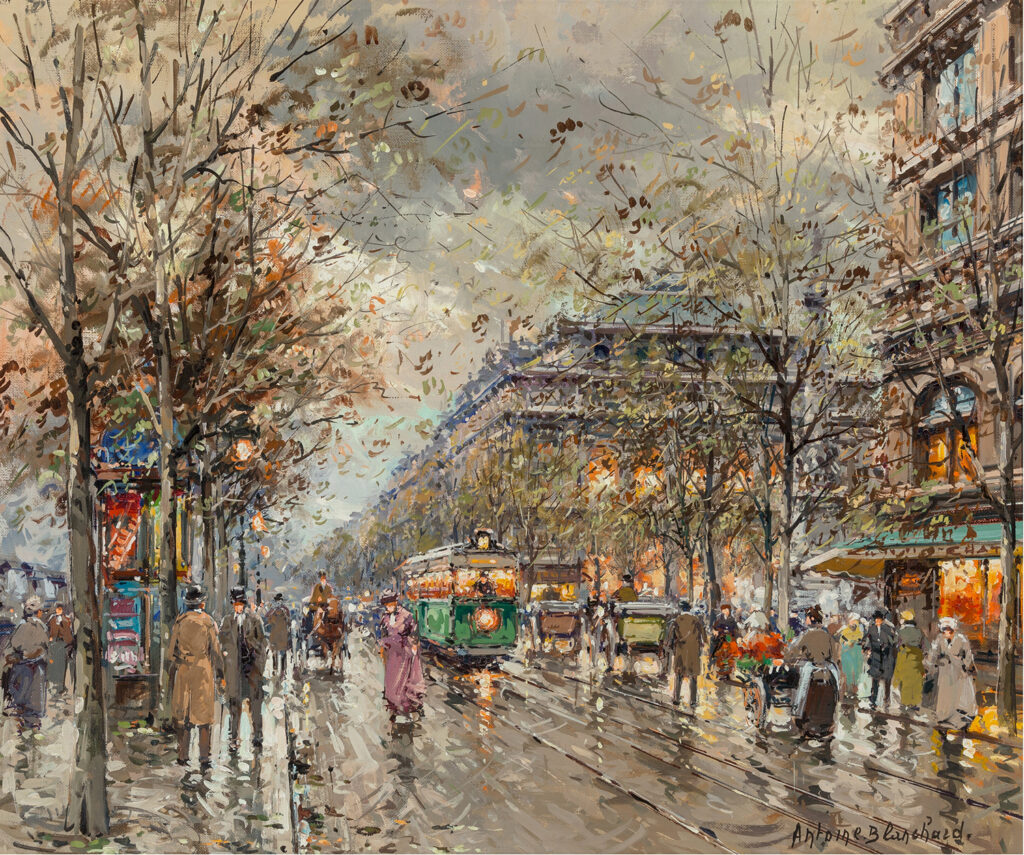 painting of the front of the chatalet theatre in paris with people and a bus on the street