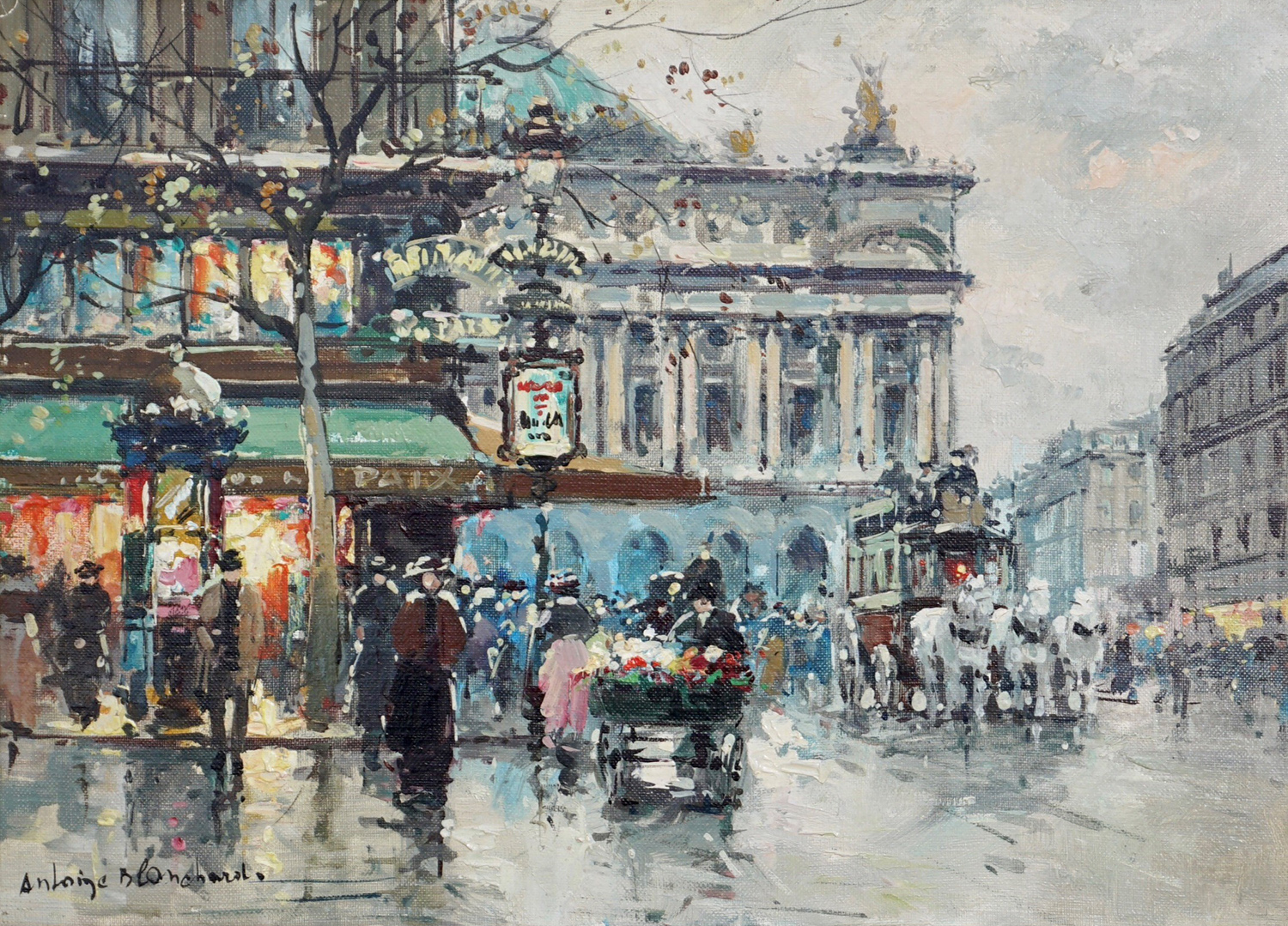 painting of cafe de la paix and the opera house in paris with people and horses on the street