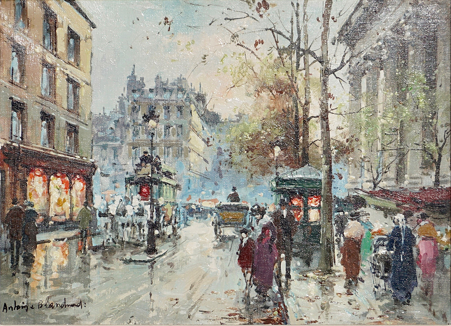 painting of the side of the Madeleine in paris with people and horses on the street