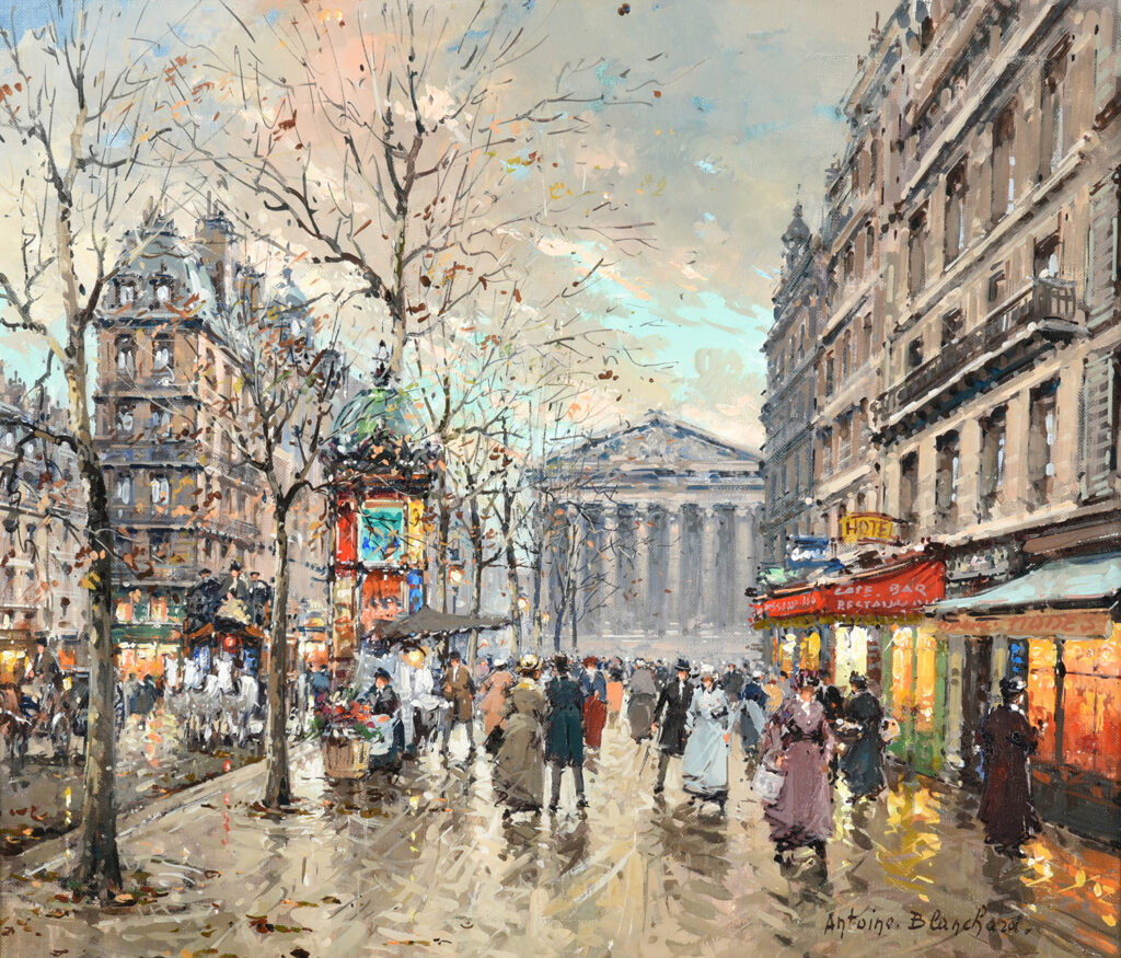 painting of rue tronchet and the madeleine in paris, people walking down the street