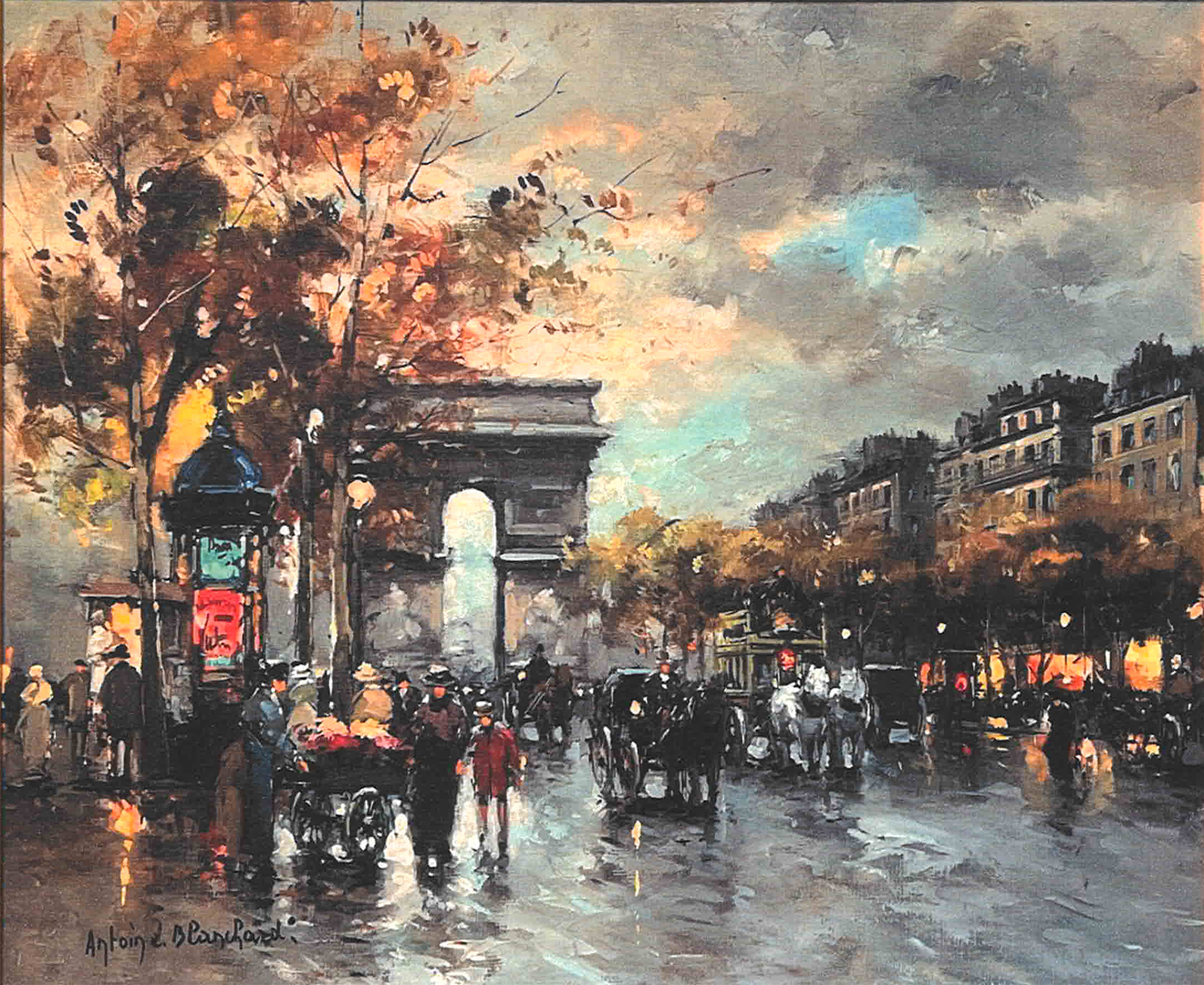 painting of the arc de triomphe wth people, horses and flower cart on the champs elysses