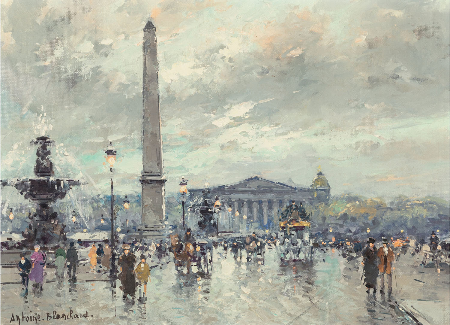 oil painting of place de concorde in paris with horses, cart and people in street
