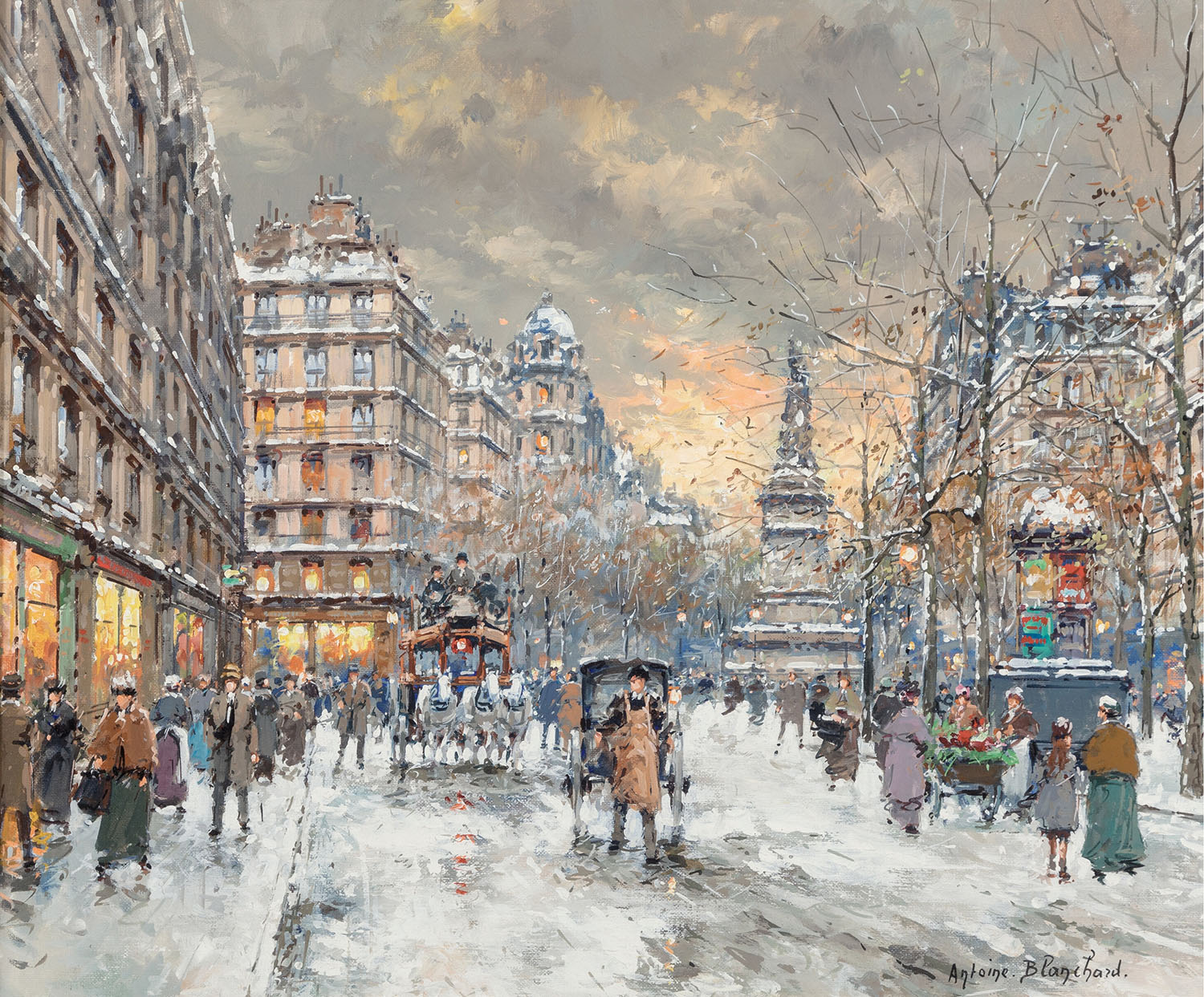 oil painting of place clichy in paris, clichy monument, snow, horses, cart and people in street
