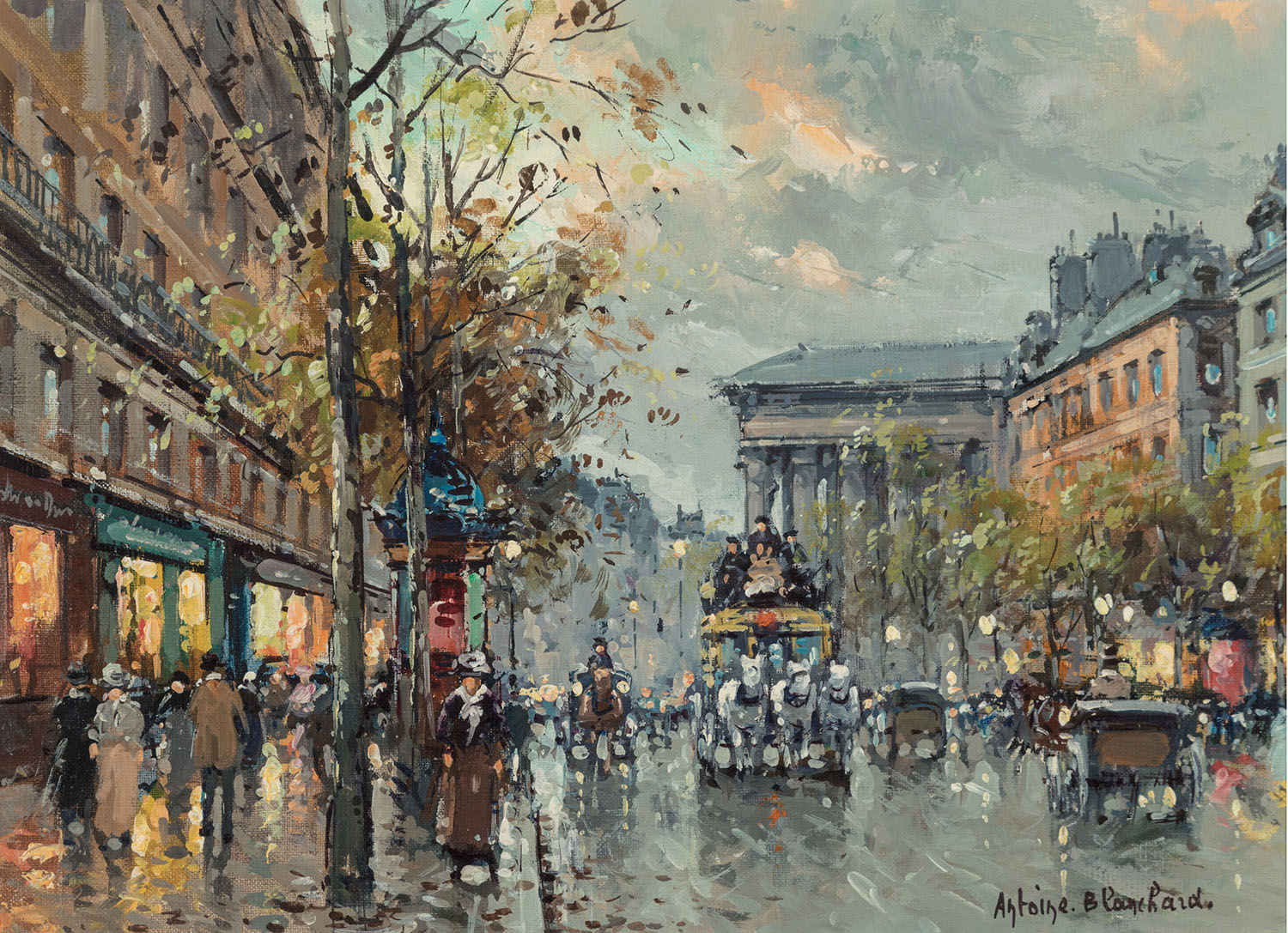 oil painting of the boulevard de la madeleine in paris with horses, carts and people walking in the street
