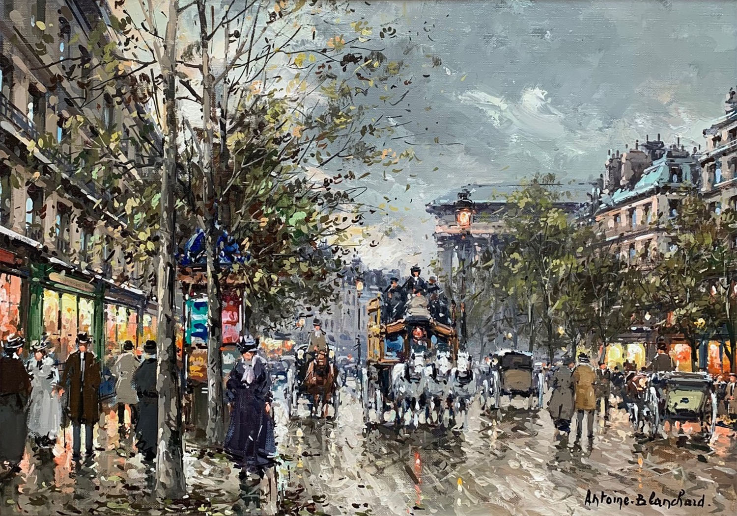 street scene in paris of the boulevard de la madeleine with people walking, horses and carts