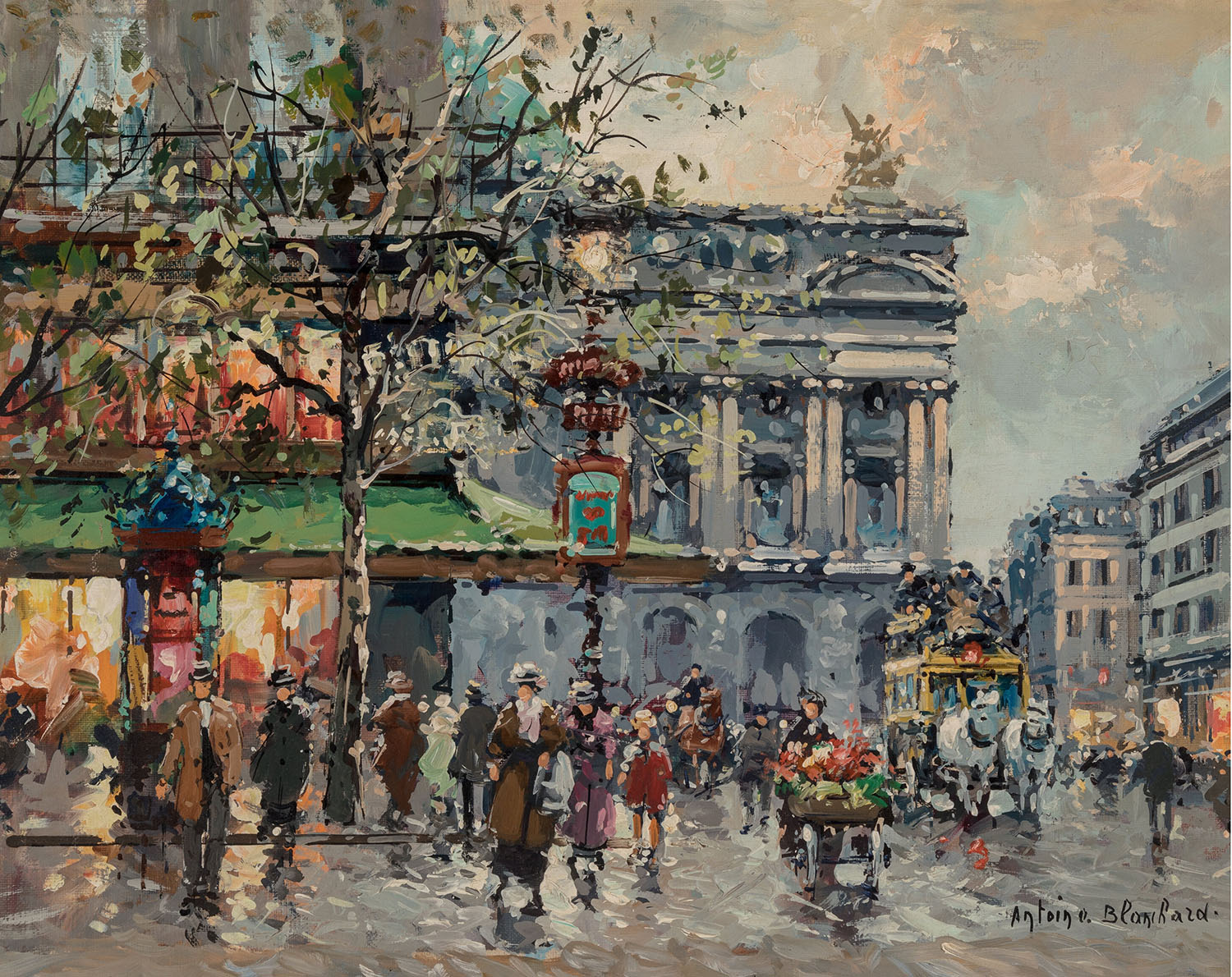 painting of the cafe de la paix and opera house in paris with people walking on the street and horse and buggy