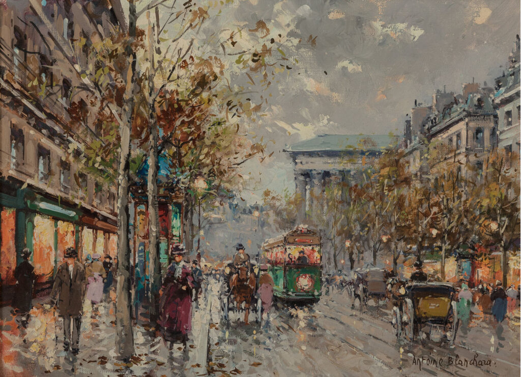 boulevard de la Madeleine in paris with omnibus and people walking in the street