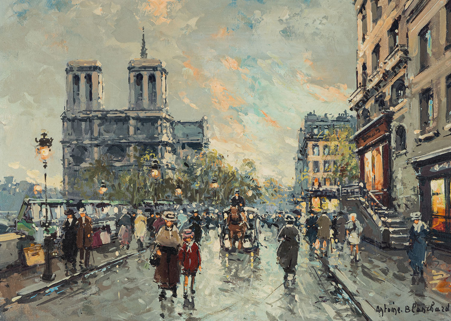 street scene with notre dame in the background and people walking down the street