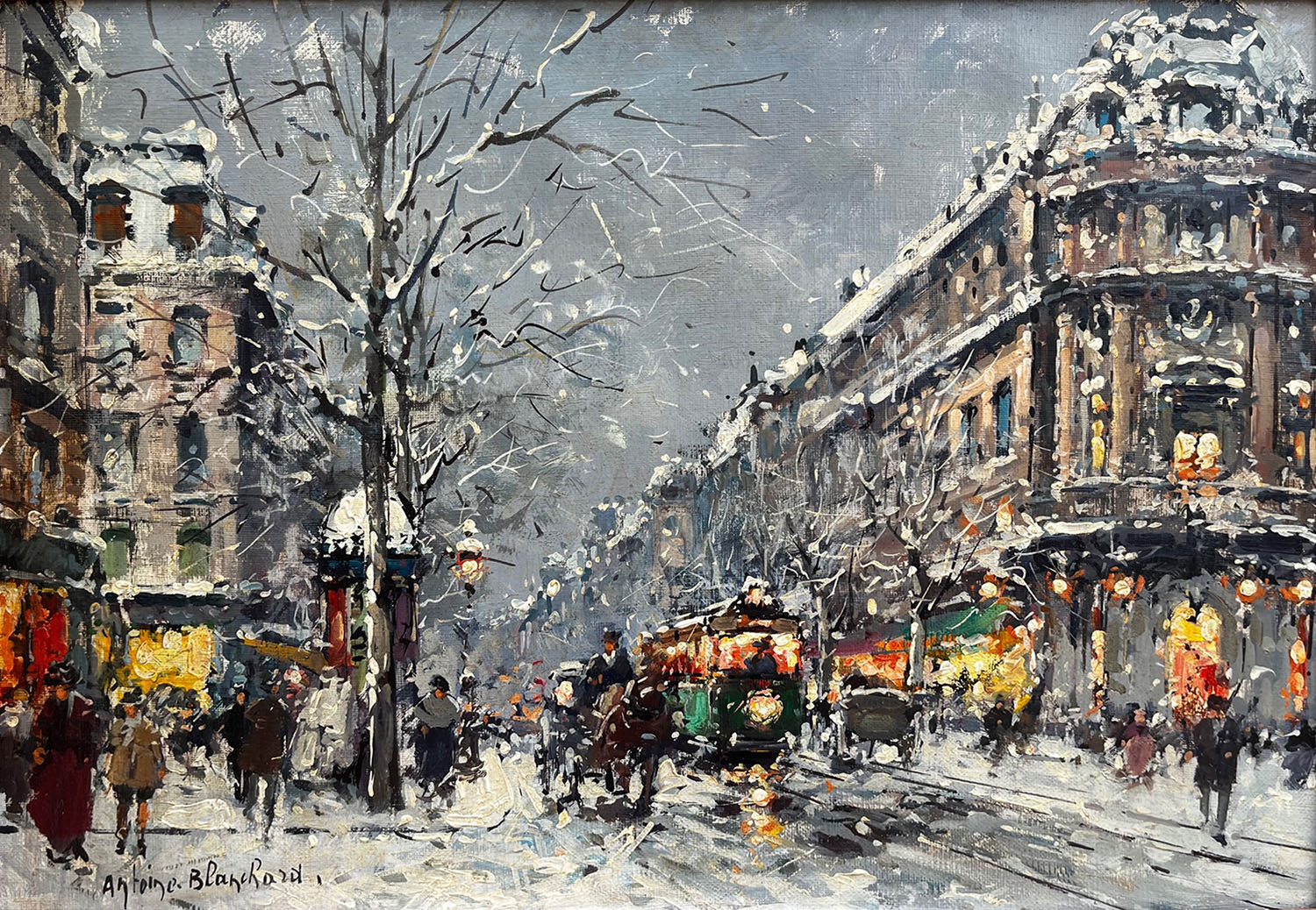 the vaudvlle theater in paris, people walking on snow covered street and omnibus