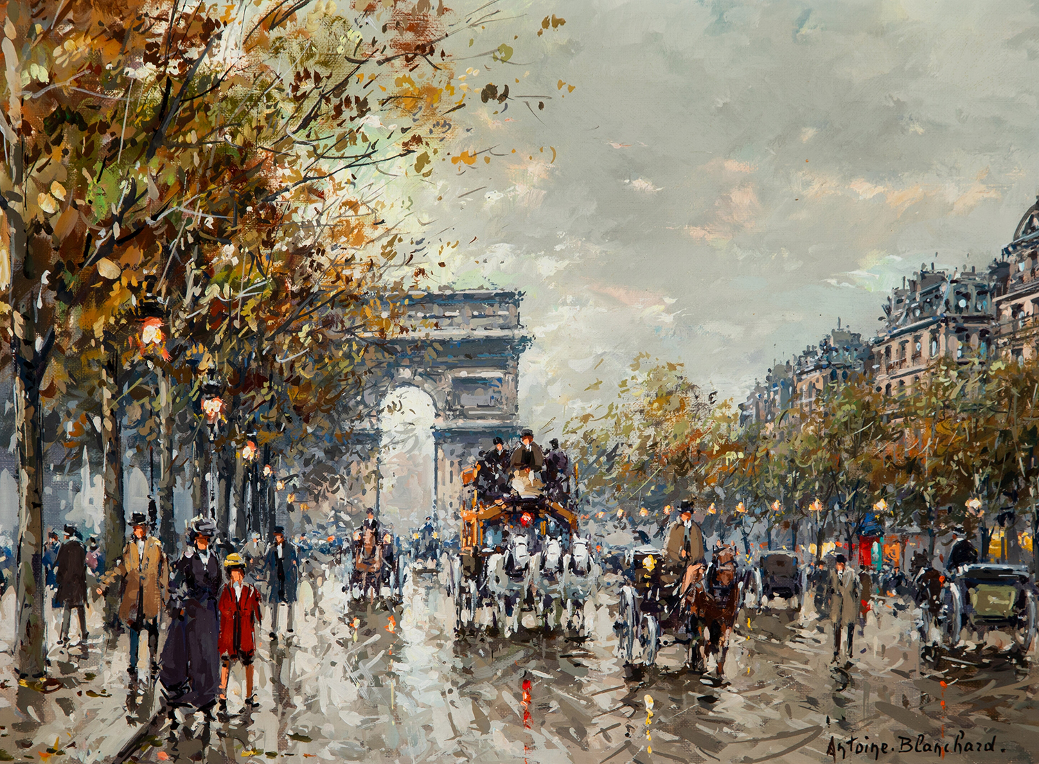 The arc de triomhe in paris with people and horse and buggies on the street