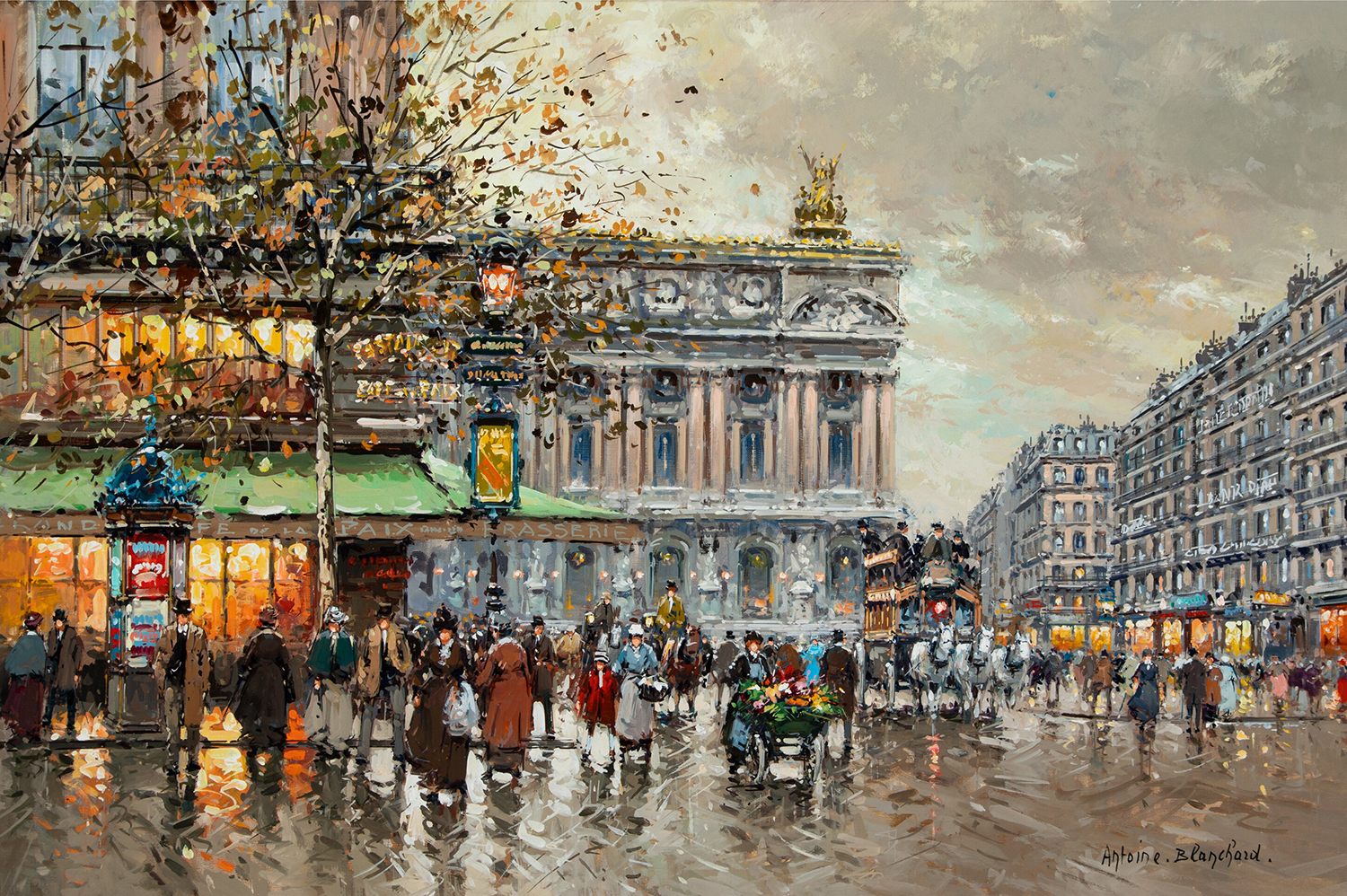 cafe de la paix and the opera house in paris with people and horses and carts on street