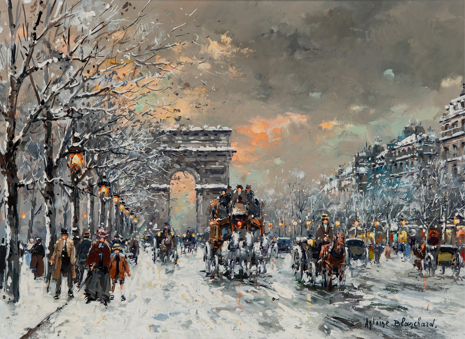 painting of the arc de triomphe in paris in the snow, people and horses in the street