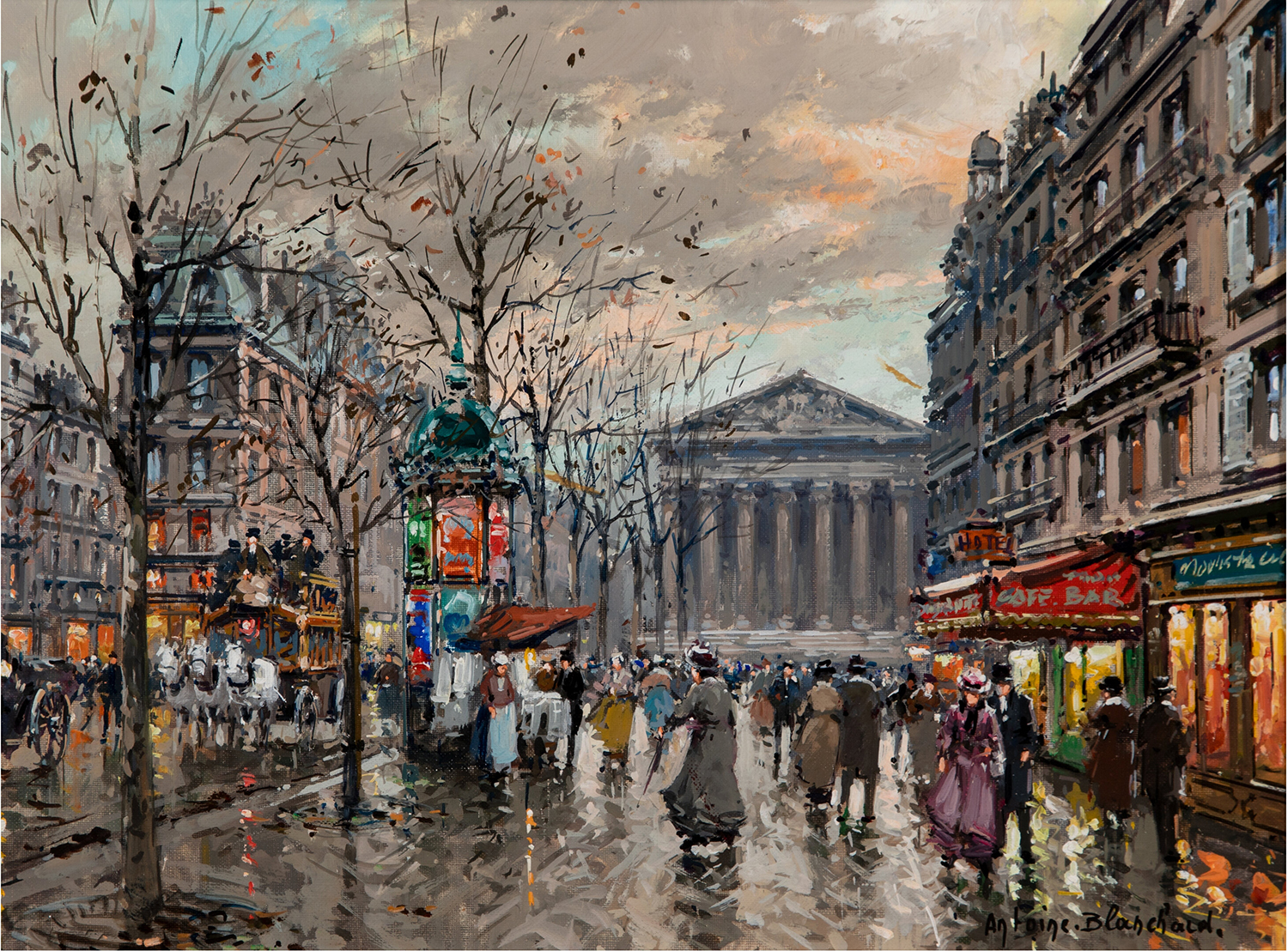 painting of the madeleine in Paris view from rue tronchet, people walking in street