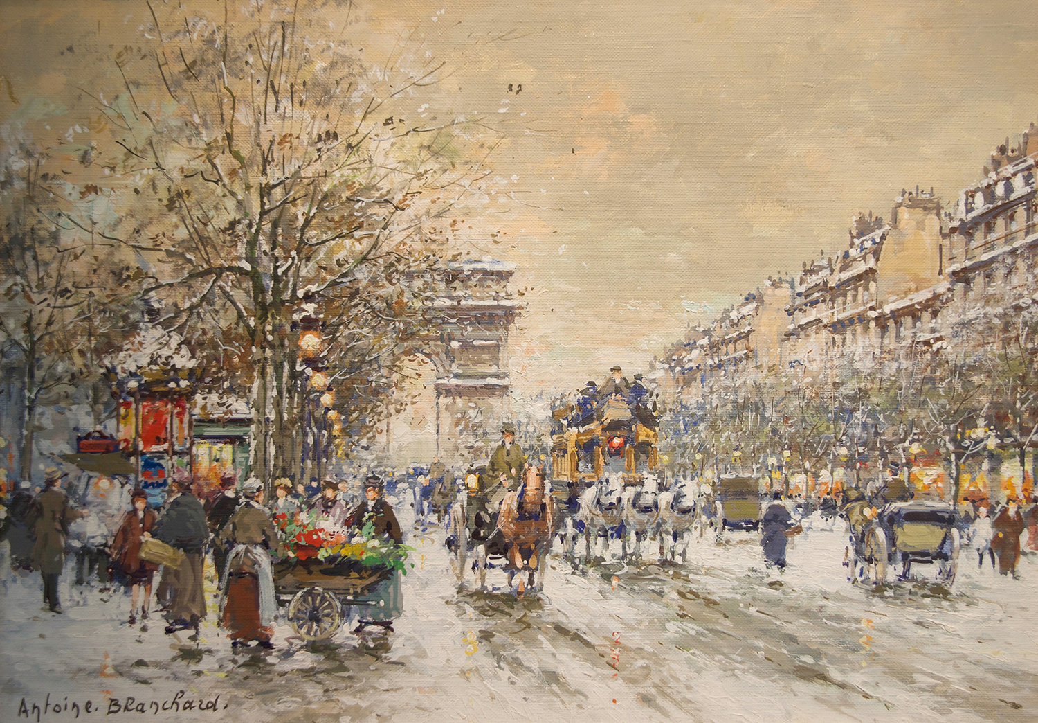 the arc de triomphe along the champs elysees in paris with people walking on the street and horses with carraiges and carts
