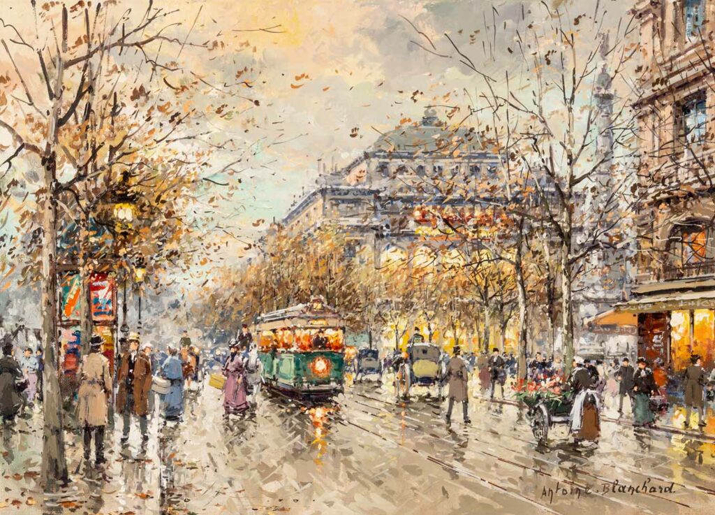The Chatelet theatre in paris with people walking in the street and an omnibus