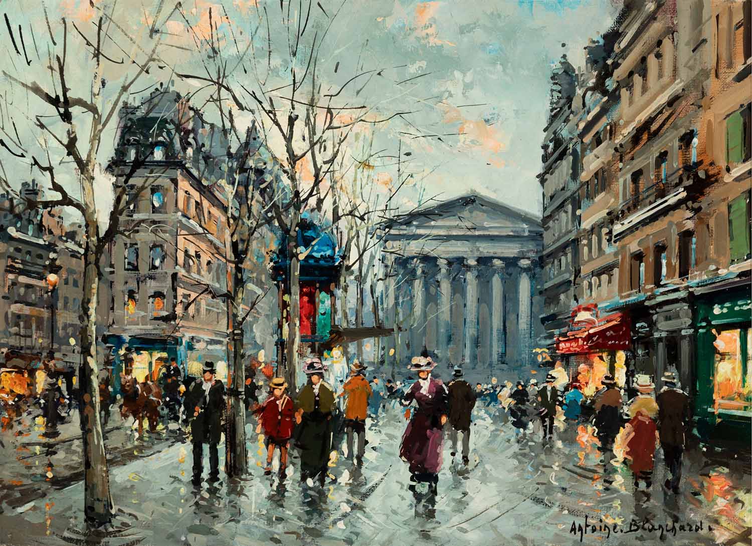 a view of the Madeleine in paris from Rue Tronchet with people walking in the street