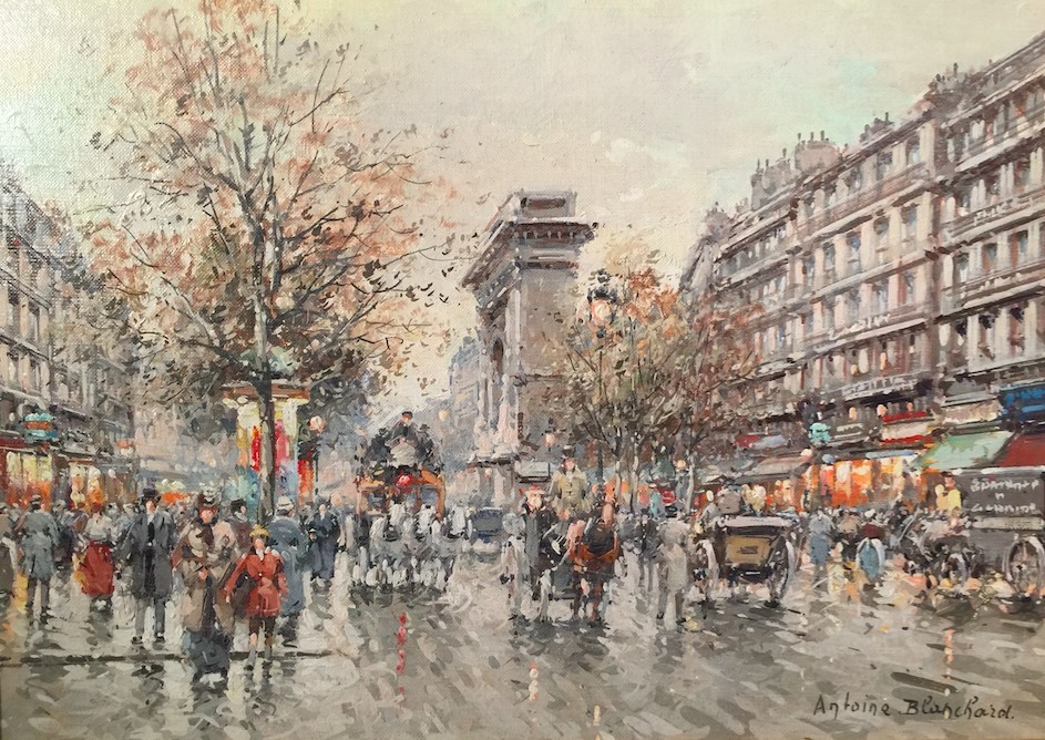 porte saint denis in paris, street scene with horses, carts and people walking in the street