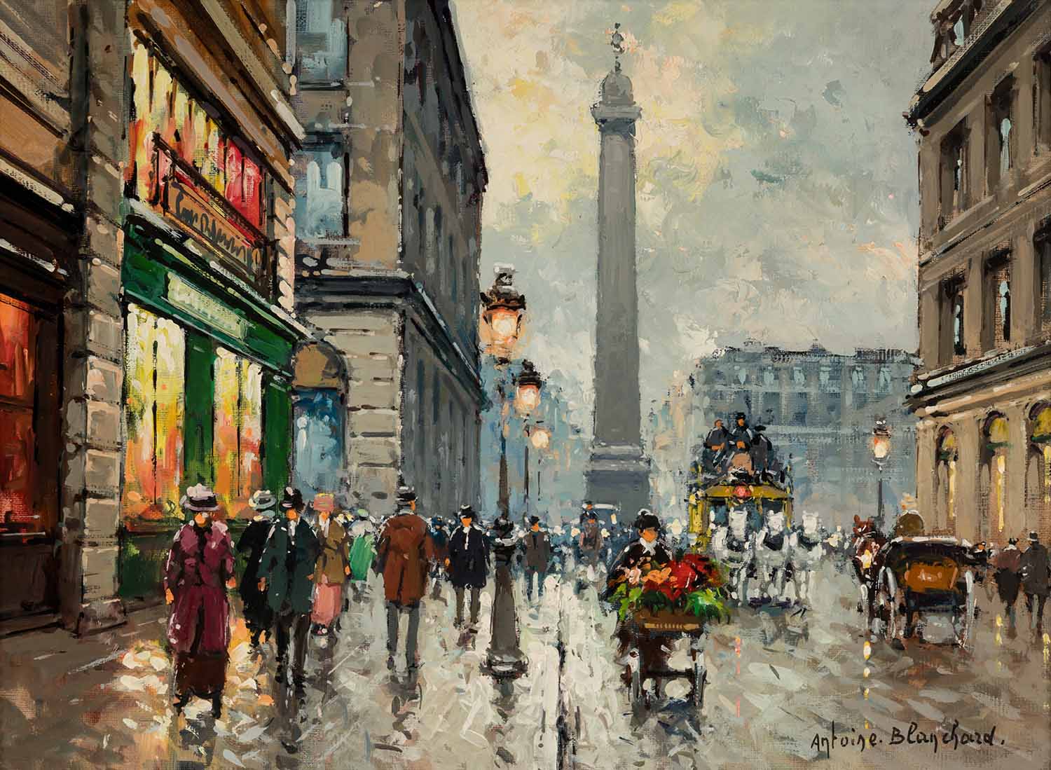 place vendome in paris with people walking on the street and a flower cart