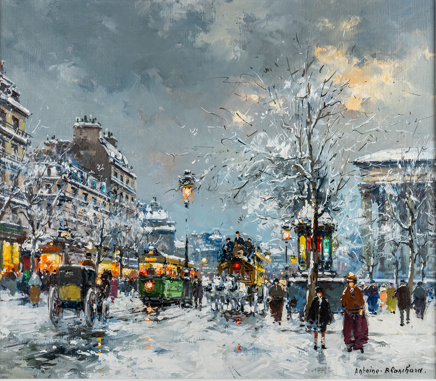 street scene of the Madeleine in paris in the snow