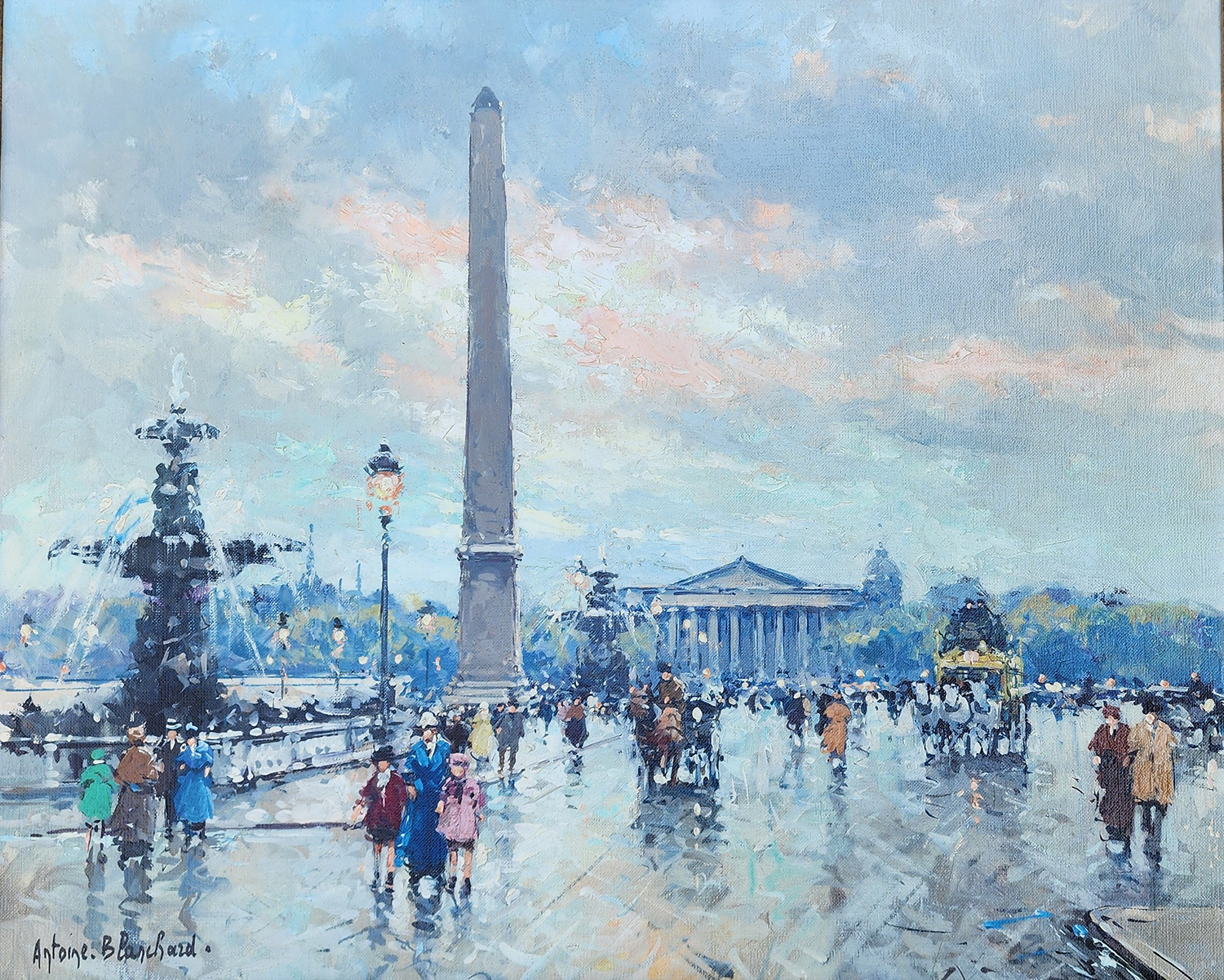 painting of the place de la concorde in paris with fountain, people walking, horses and buggies, buildings in the background