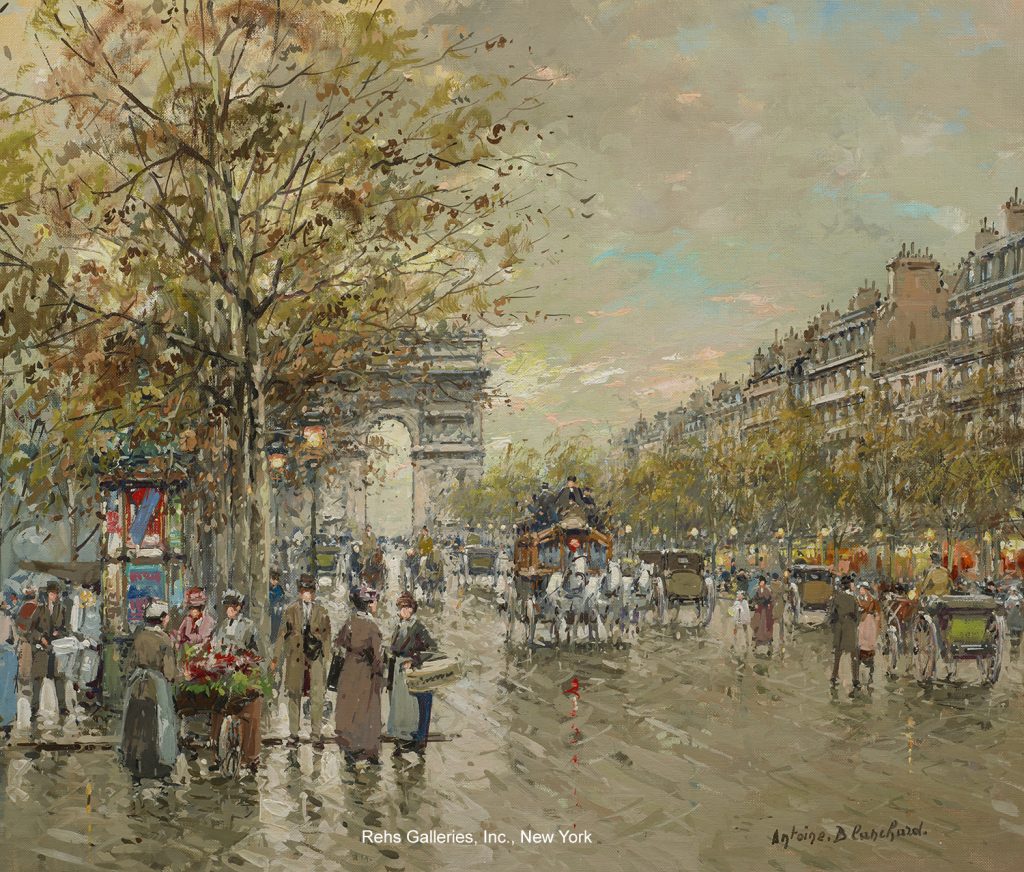 street scene in Paris of the champs Elysées and the arc de triomphe with people and horses in the street