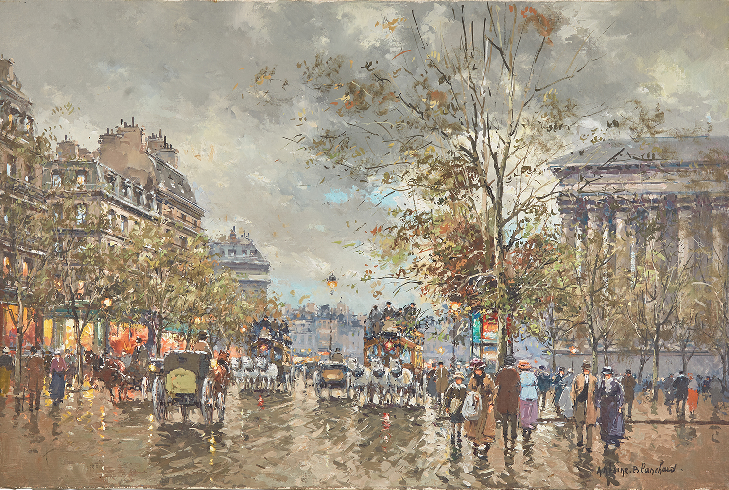 painting of the side of the Madeleine in paris with trees, people walking, horses and buggies with other uildings