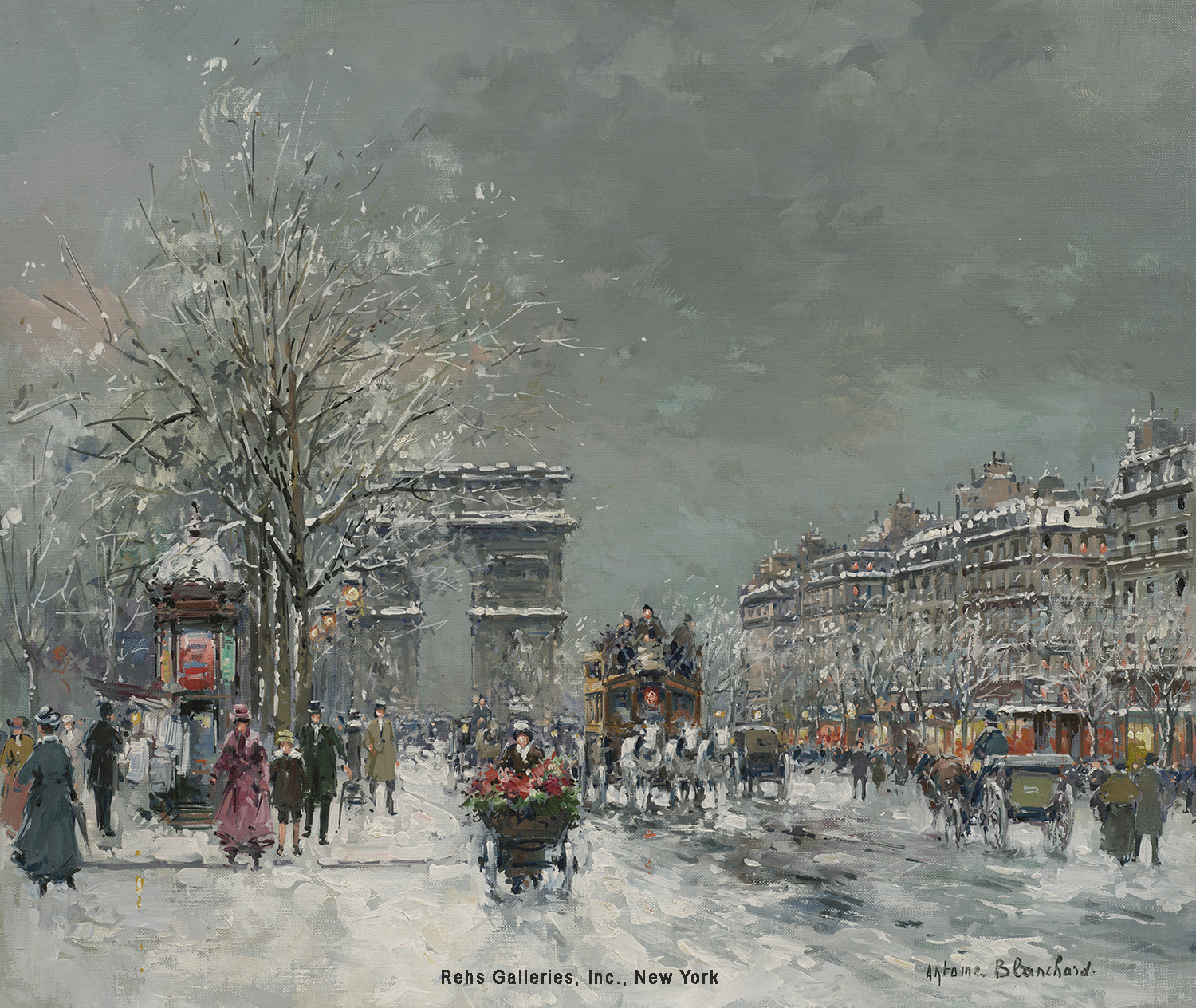 the arc de triomphe in paris looking down the champe elysee with a flower cart, horses and people in the street with snow covered ground