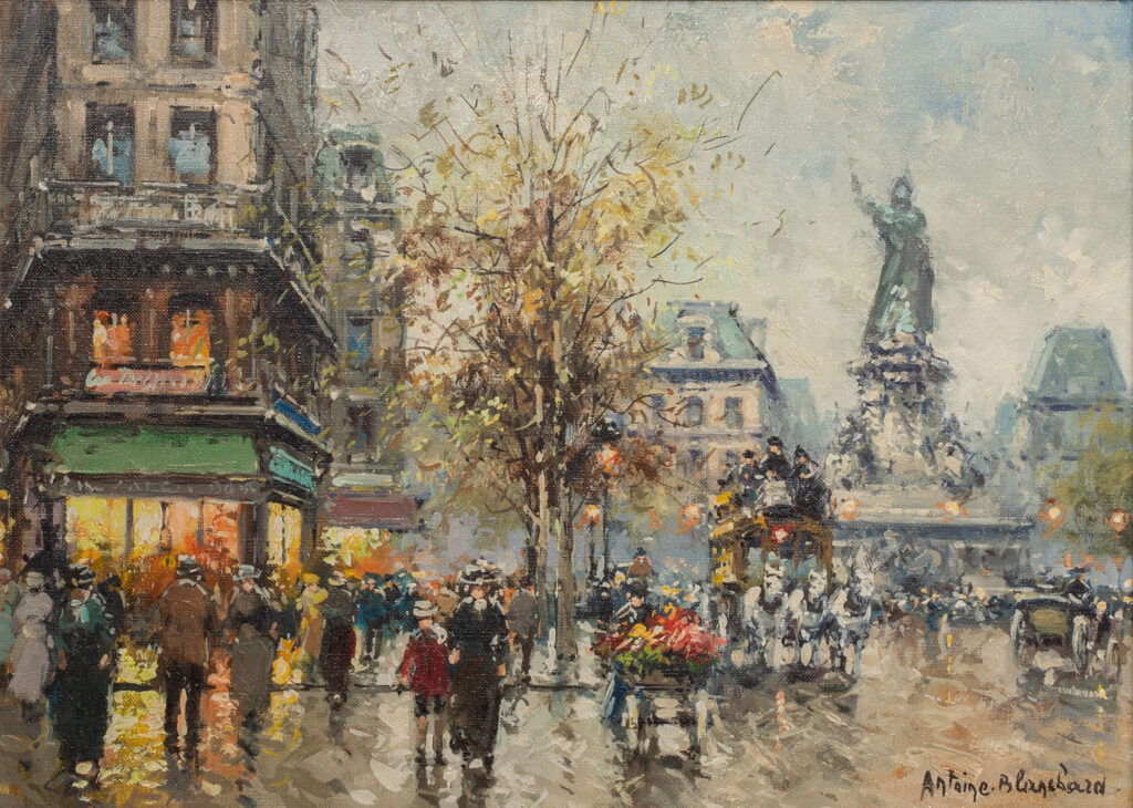 place de republique in Paris with people, flower carts, and horses on the street