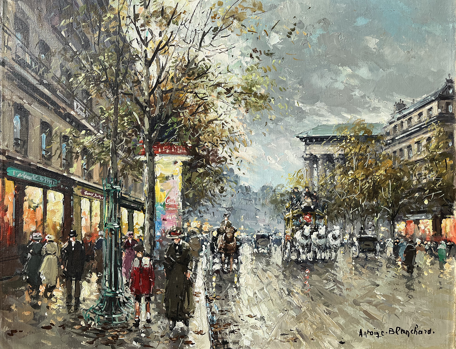 Boulevard de la Madeleine in Paris with horses pulling a carriage, people walking in the street and Madeleine church in the background